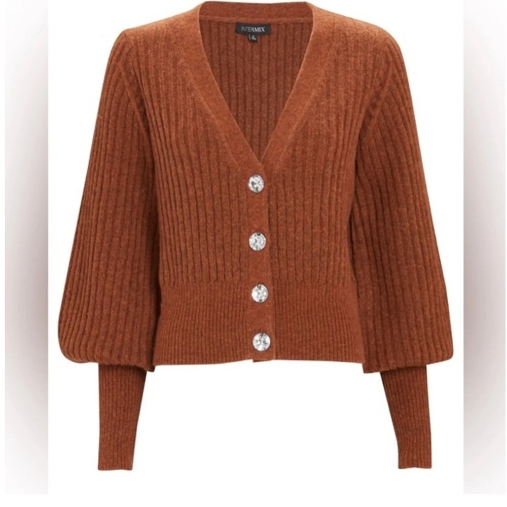 INTERMIX Ella Jewel Cardigan Wool Brown Sweater